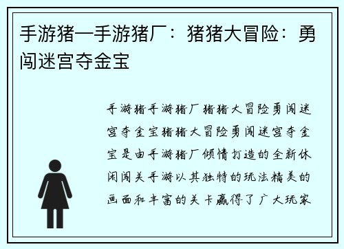 手游猪—手游猪厂：猪猪大冒险：勇闯迷宫夺金宝