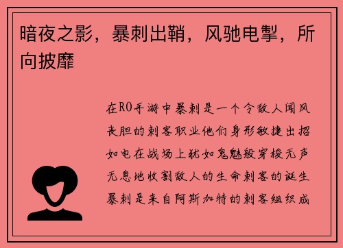 暗夜之影，暴刺出鞘，风驰电掣，所向披靡