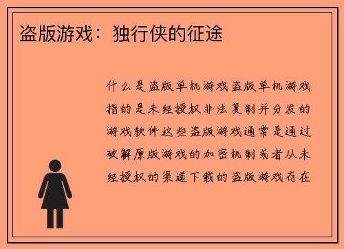 盗版游戏：独行侠的征途